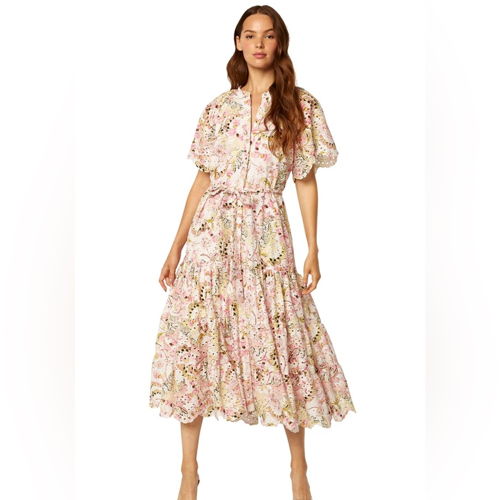 Misa Los Angeles Pink Floral Eyelet Midi with Puff Sleeves